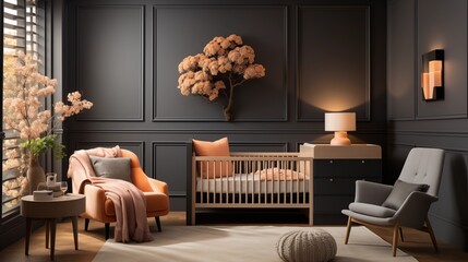 A serene nursery with soft peach wallpaper and deep charcoal crib