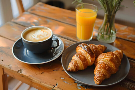 two croissants on a plate next to a cup of coffee and a glass of orange juice on a wooden table.