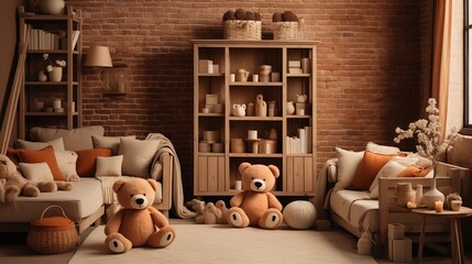 A serene nursery with soft terracotta wallpaper and dark brick crib