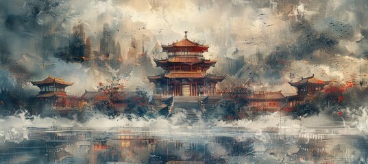 Chinese architecture banner background for design - obrazy, fototapety, plakaty