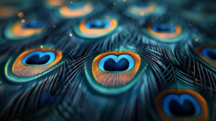 Keuken spatwand met foto background, extreme macro shot of Peacock Feather texture, minimalist beauty, moody lighting, photorealistic accuracy, perfect curves © Moonfu