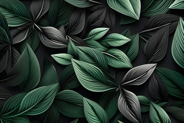 3d illustration  close up of realistic   green and black decorative leaves in paper style. Stylized deciduous tree  generated by AI. 3D illustration