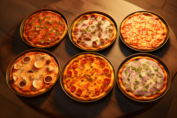 Close-up of a set of various round pizzas with cheese and ball filling,  generated by AI. 3D illustration
