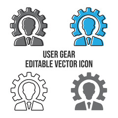 User and account gear icon. Profile setting vector symbol. Hand drawn, line art flat and minimalist icon with strokes and colors. Personalization icons set. Customer options web icon. Cogwheel.
