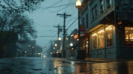 Fototapeta premium minimalist rain sky setting, highlighted by the subtle and gentle glow of storefront lights, creating a serene and enchanting urban atmosphere