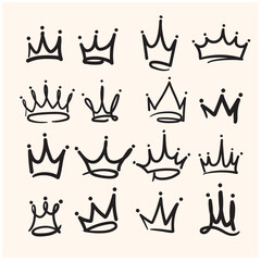 Doodle crown hand drawn set. Doodle princess crown, queen tiara. Line sketch royal element with Illustration style doodle and line art