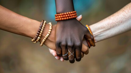 Unity and solidarity, hands with bracelets overlap, representing the strength and support found in shared bonds and mutual understanding. 