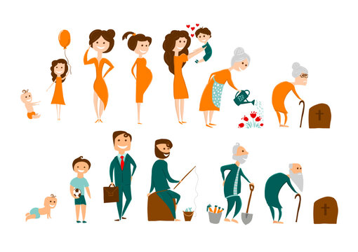 Stages of people's lives. Man and woman. hand drawing. Not AI, Vector illustration