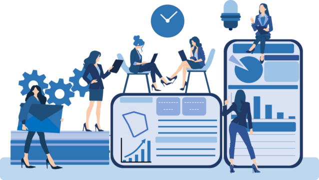 大きい文房具がある近未来オフィスで仕事をするビジネスウーマンたちのイラスト - Powered by Adobe