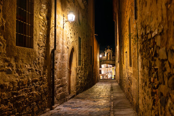 Beautiful alley with arched entrance to the medieval Unesco city of Caceres at night, Spain.