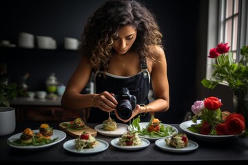 Sexy chef girl in an apron takes photos of salads on camera for her social networks