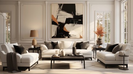 A sleek living room with creamy white walls and coal black accent furniture