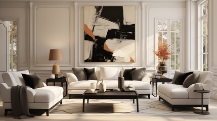 Fototapeta premium A sleek living room with creamy white walls and coal black accent furniture