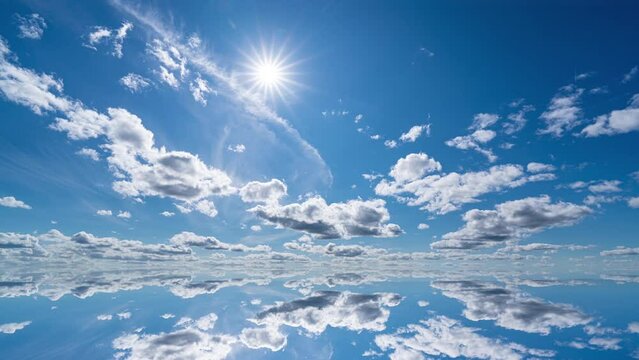 Time lapse of clouds with reflection in the endless water surface, abstract video, video loop 4K