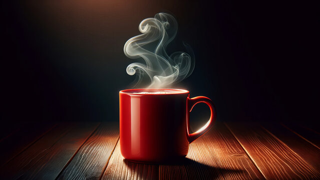 Red Mug with Rising Steam on Dark Wooden Table