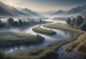 Serene Landscape with Winding River Flowing Through Green Fields, Generative AI