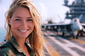 Blonde woman wearing air force uniform in the combat aircraft carrier - obrazy, fototapety, plakaty