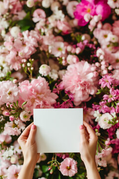 Mock-up mains de femme tenant une pancarte blanche vierge sur un fond bouquet de fleurs roses dont des pivoines avec espace négatif texte copyspace