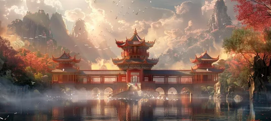 Gordijnen Chinese architecture banner background for design © MaiHuong Studio