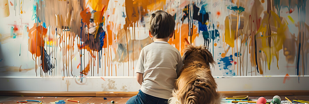 Boy and his dog looking at a wall full of children's doodles and paintings. Messy living room. Concept of children's creativity and mischief of kids and pets. 