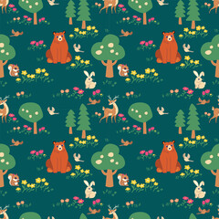 ANIMAL WITH FLORAL AND PLANT SPRING SEASON SEAMLESS PATTERN