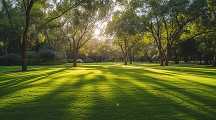 Fototapeta na wymiar Lush green texture of a nearby park with lovely foliage in the gentle morning light. Horsham Gardens VIC, Australia. Blank area for writing.