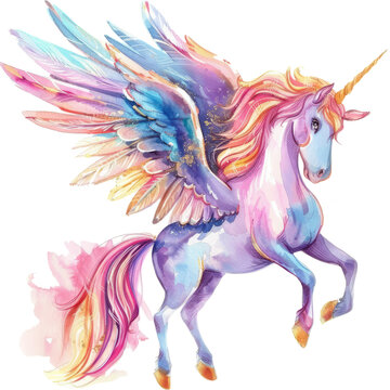 unicorn with a pink mane and tail, a golden horn and stars, and fairy wings, isolated on a plain white background.