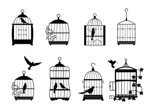 Black wall decals with flying birds in cages collection