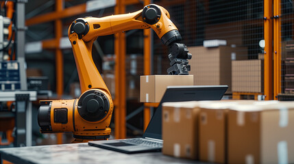 Automation manufacturing robot sort parcels. Smart robot arm systems for innovative warehouse digital technology