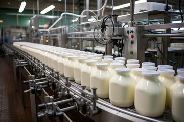 Automated robotic dairy products yogurt line in industrial food production plant