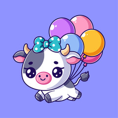 Cute cow flying with balloons