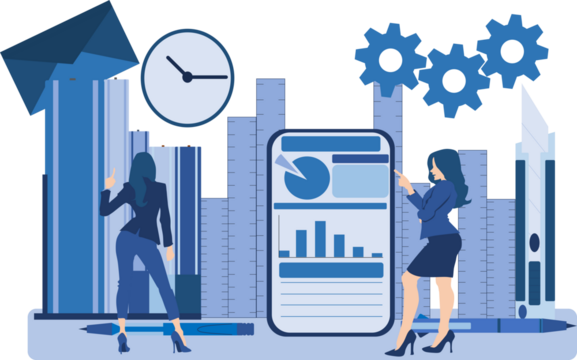 大きい文房具がある近未来オフィスで仕事をするビジネスウーマンたちのイラスト