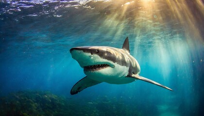 Big great white shark swimming in the ocean as apex predator
