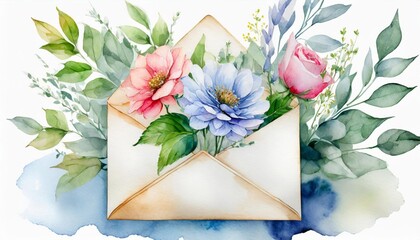 Watercolor illustration of envelope with flowers and leaves isolated on white. Beautiful spring bouquet.