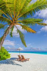 Beautiful panoramic sea sand sky. Tropical relax beach sunny summer island landscape. Love couple chairs umbrella palm leaves romantic coast. Luxury travel destination. Honeymoon vacation best holiday