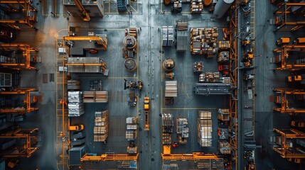 2d flor plan of factory seen from bird view, high view, workers, forklifts, trucks