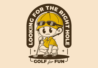 Looking for the right hole. Character illustration of a guy holding a golf stick