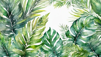 Watercolor illustration of tropical leaves frame on white.