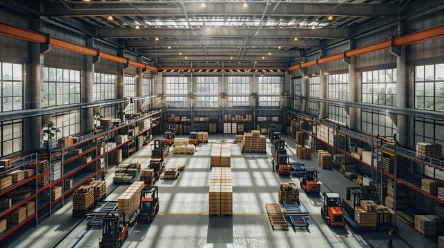 2d flor plan of factory seen from bird view, high view, workers, forklifts, trucks