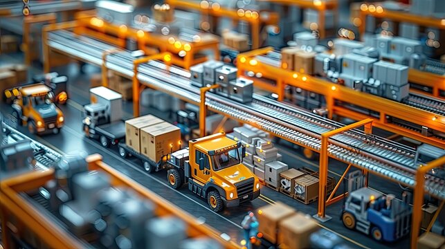 2d flor plan of factory seen from bird view, high view, workers, forklifts, trucks