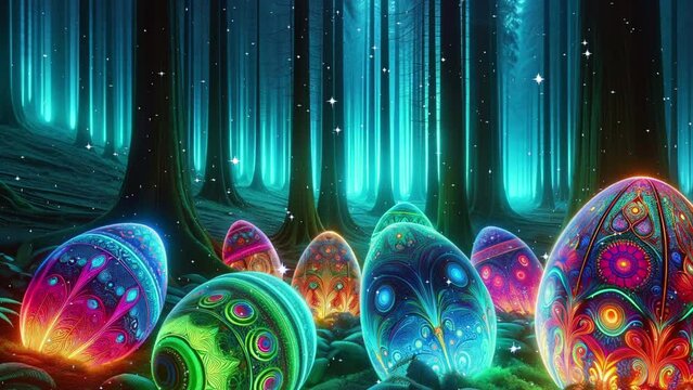 Easter eggs with neon pattern in the forest.