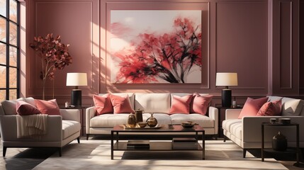 A sophisticated living room with pale blush walls and dark maroon accent furniture