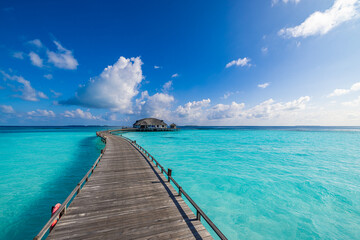 Amazing sea bay relax sky exotic coastal landscape Maldives beach. Tropical azure blue seascape,...