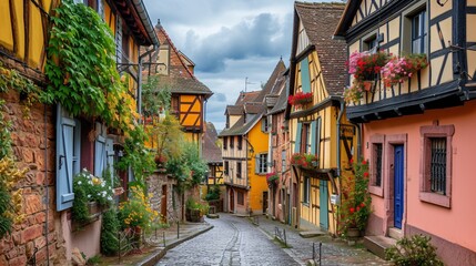 Fototapeta na wymiar Vibrant historic timber houses in a charming French village.