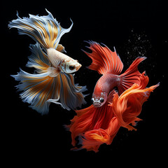 Two fighting fish are swimming. There is a black background.