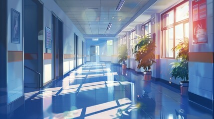 3D render illustration of a hospital corridor, providing a lifelike visual representation of the environment.