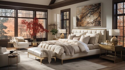 A timeless bedroom with ivory walls and classic navy bedding