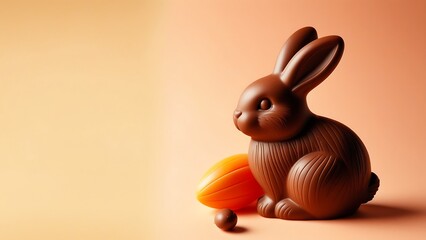 chocolate easter bunny with eggs on peach background