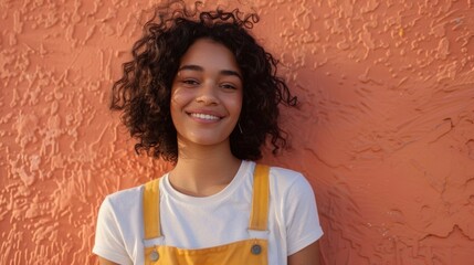 Young woman with curly hair wearing a white t-shirt with yellow suspenders smiling against an...