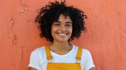 A cheerful woman with curly hair wearing a white t-shirt and yellow overalls smiling against an...